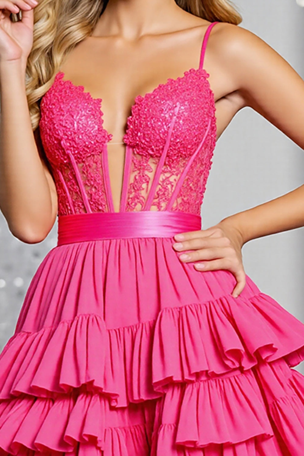 Corset Tiered Fuchsia A Line Cocktail Dress