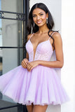 Lilac Tulle Corset A Line Spaghetti Straps Short Prom Dress with Appliques