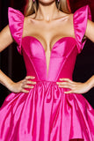 Fuchsia Satin A Line Sweetheart Short Prom Dress with Ruffles