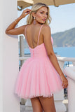 Pink Tulle A Line Ruched Spaghetti Straps Short Prom Dress
