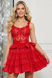 Red Satin A Line Appliqued Corset Short Prom Dress with Bow