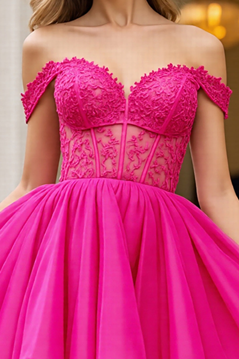 Fuchsia Corset A Line Tulle Off the Shoulder Short Prom Dress