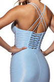 Light Blue Satin Halter Bodycon Cocktail Dress with Fringes