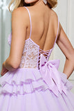 Lilac Tulle A Line Corset Spaghetti Straps Short Prom Dress with Appliques