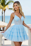 Light Blue Tulle A Line Tiered Short Corset Prom Dress