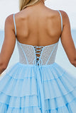 Light Blue Tulle A Line Tiered Short Corset Prom Dress