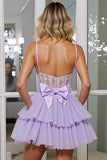Lilac Corset A Line Appliqued Short Prom Dress With Removable Bow