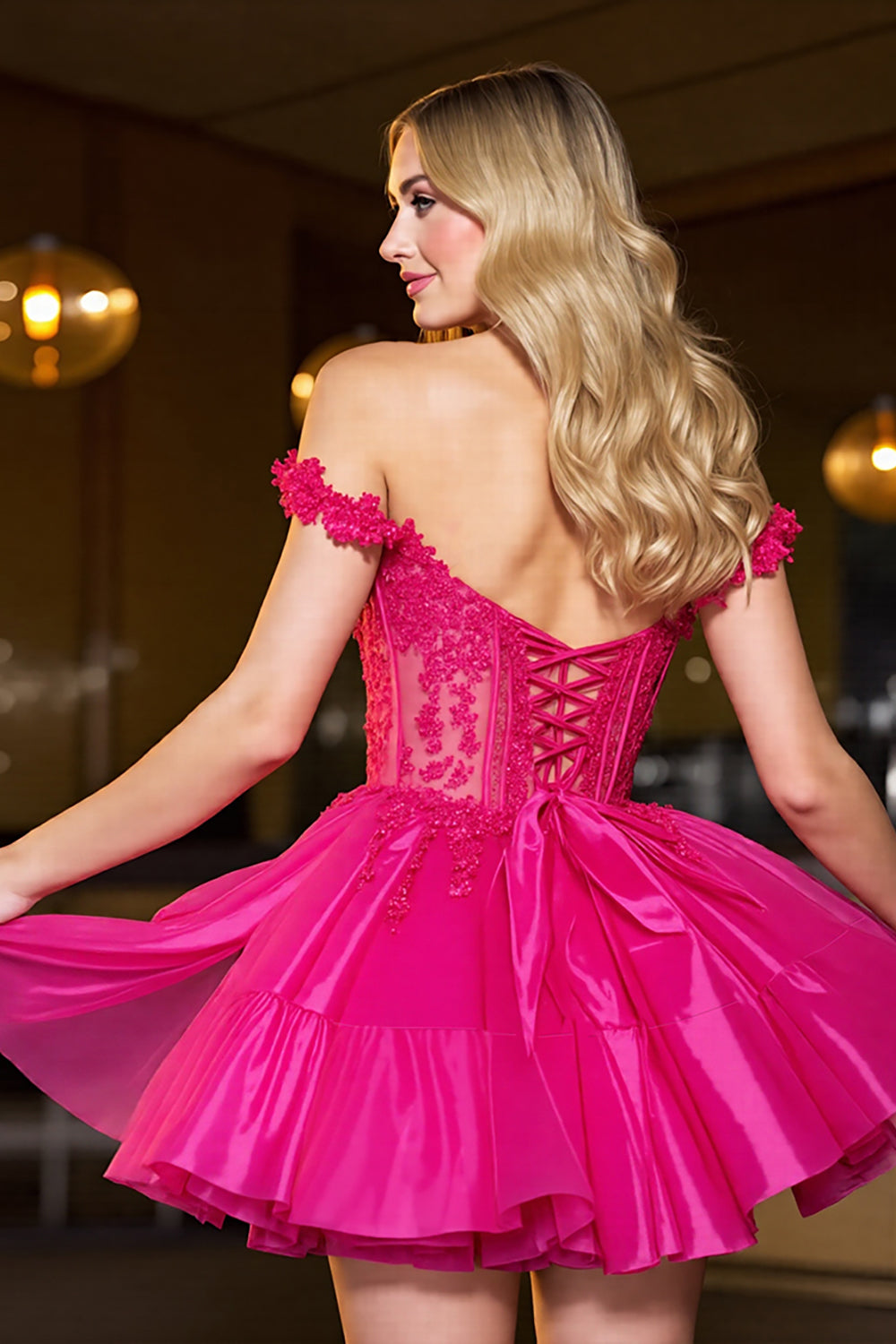 Off The Shoulder A-Line Corset Appliques Fuchsia Short Prom Dress