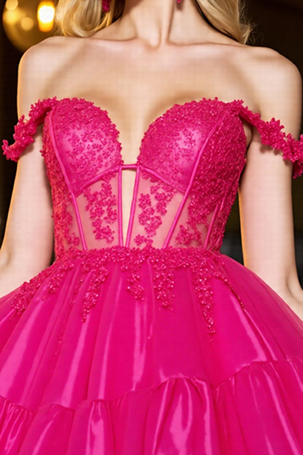Off The Shoulder A-Line Corset Appliques Fuchsia Short Prom Dress