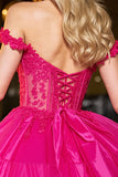 Off The Shoulder A-Line Corset Appliques Fuchsia Short Prom Dress