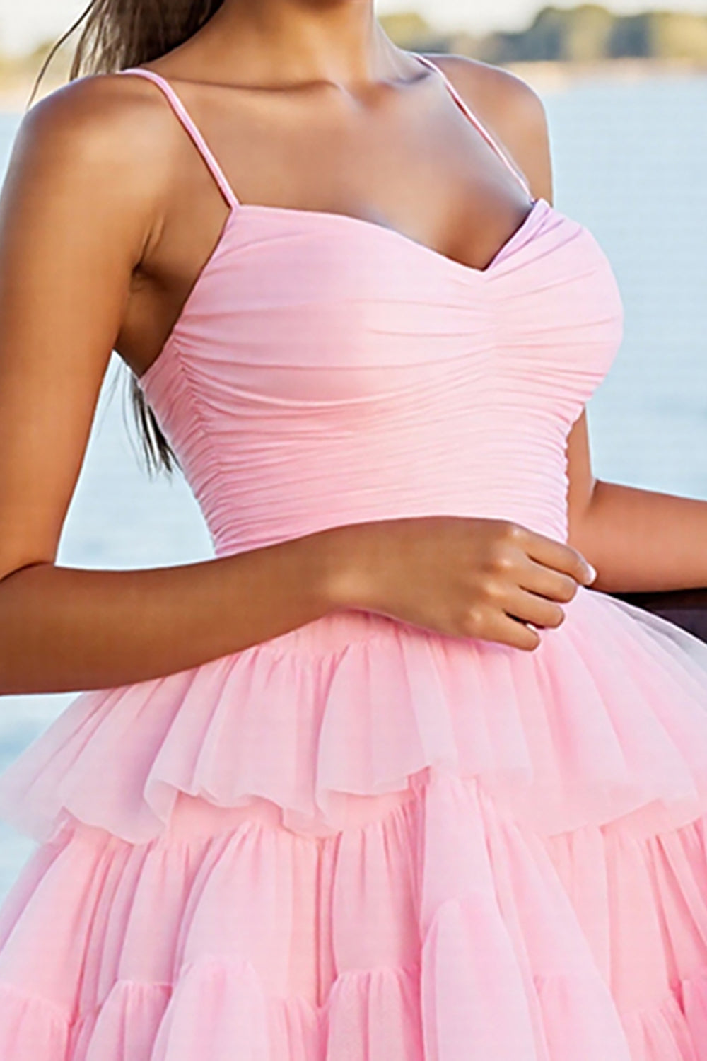 Pink A Line Tiered Spaghetti Straps Short Prom Dress