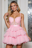 Pink Chiffon Tiered Corset Short Prom Dress with Ruffles