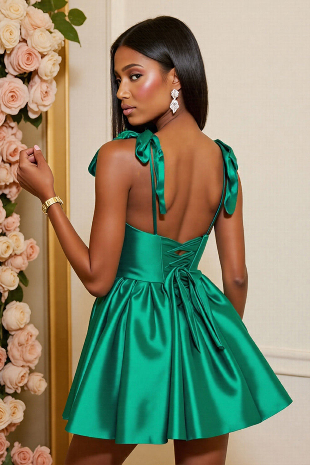 Dark Green Satin Corset A Line Short Prom Dress with Bows