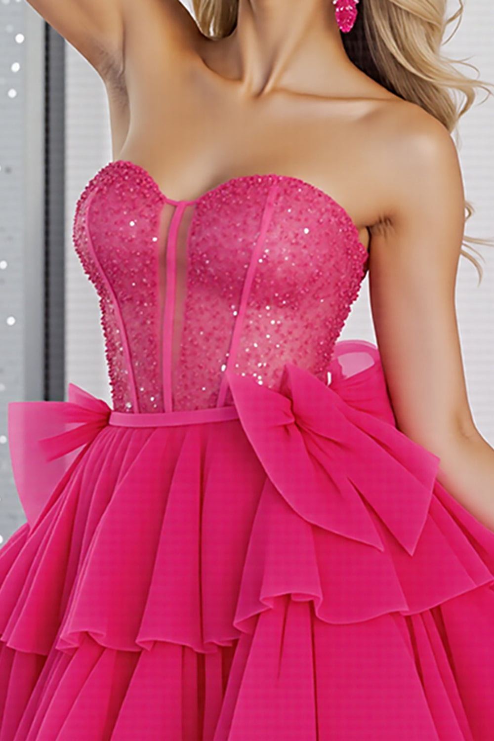 Sparkly Fuchsia Sequin Corset Sweetheart Short Prom Dress with Bows