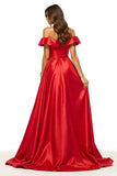 Off The Shoulder A Line Red Prom Dress With Slit