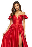 Off The Shoulder A Line Red Prom Dress With Slit