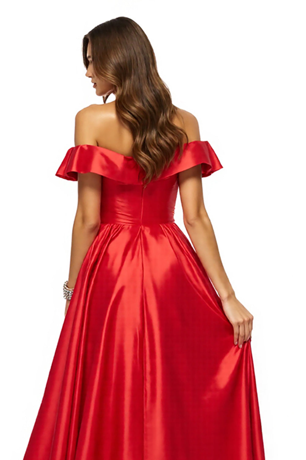 Off The Shoulder A Line Red Prom Dress With Slit
