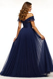 Off The Shoulder Navy Long Prom Dress With Slit