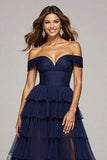 Navy Off The Shoulder Tiered Long Prom Dress With Slit