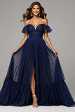 Off The Shoulder A Line Long Navy Prom Dress With Slit