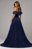Off The Shoulder A Line Long Navy Prom Dress With Slit