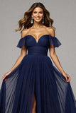 Off The Shoulder A Line Long Navy Prom Dress With Slit