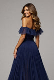 Off The Shoulder A Line Long Navy Prom Dress With Slit