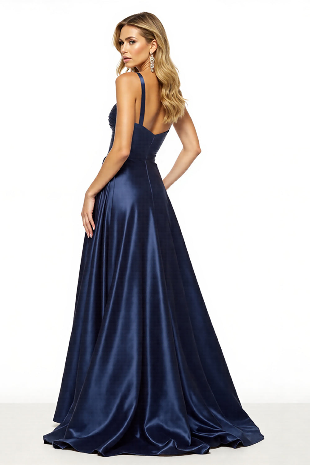 Navy A Line Spaghetti Straps Prom Dress with Slit