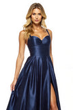 Navy A Line Spaghetti Straps Prom Dress with Slit
