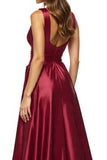 Burgundy A Line V Neck Prom Dress With Slit