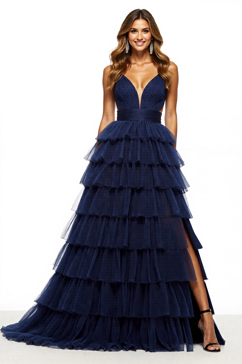 A Line Navy Tiered Tulle Prom Dress With Slit