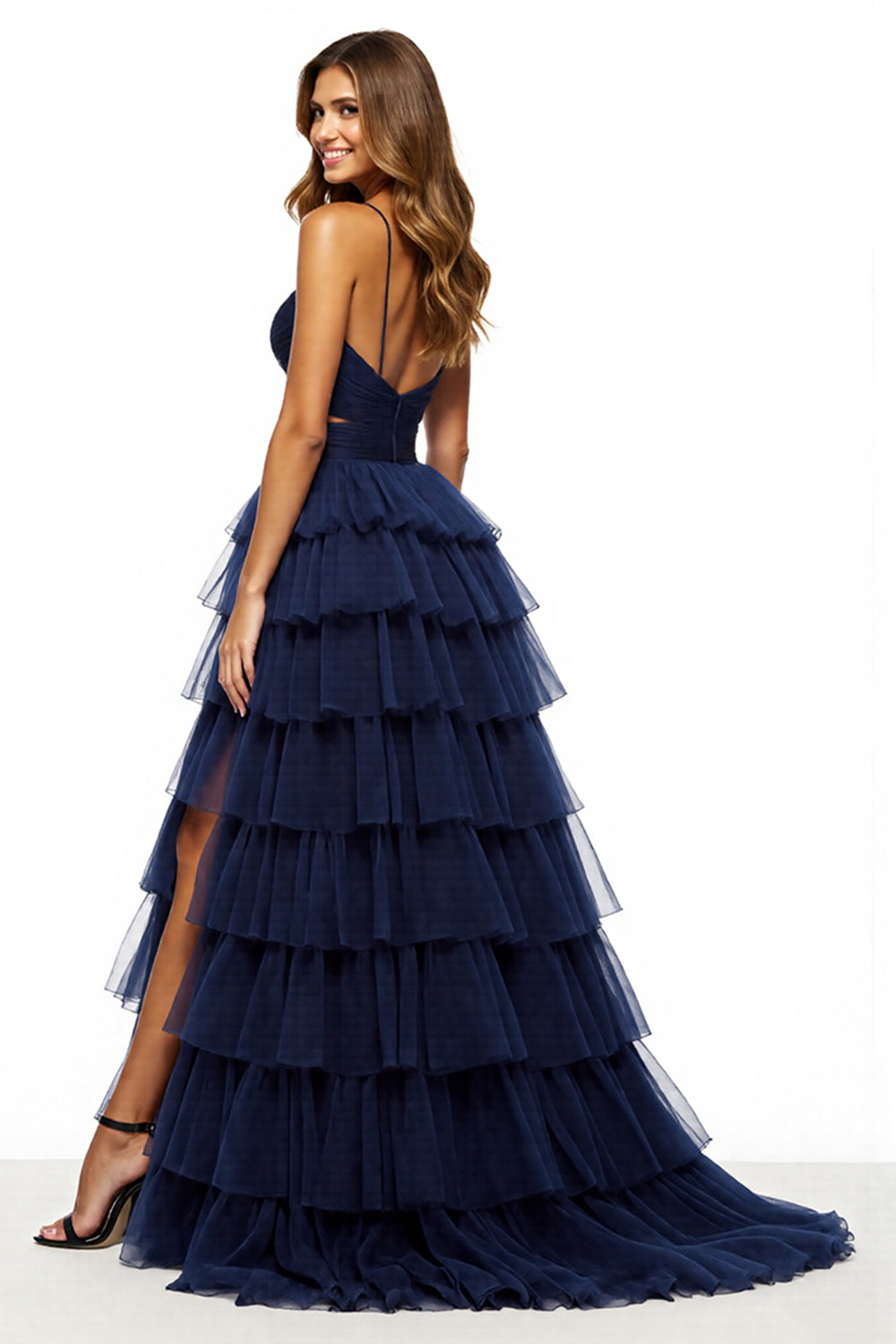 A Line Navy Tiered Tulle Prom Dress With Slit