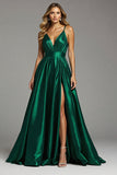 A Line Ruched Long Dark Green Prom Dress