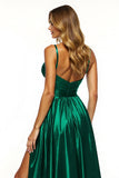 A Line Dark Green V Neck Long Prom Dress