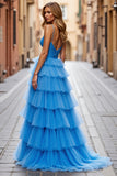 Sky Blue A Line Tiered Prom Dress With Slit