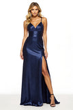 Sparkly Navy Sheath Long Prom Dress With Slit