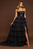 A Line Strapless Tiered Black Prom Dress With Slit