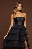 A Line Strapless Tiered Black Prom Dress With Slit