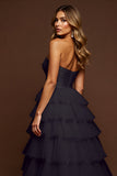 A Line Strapless Tiered Black Prom Dress With Slit