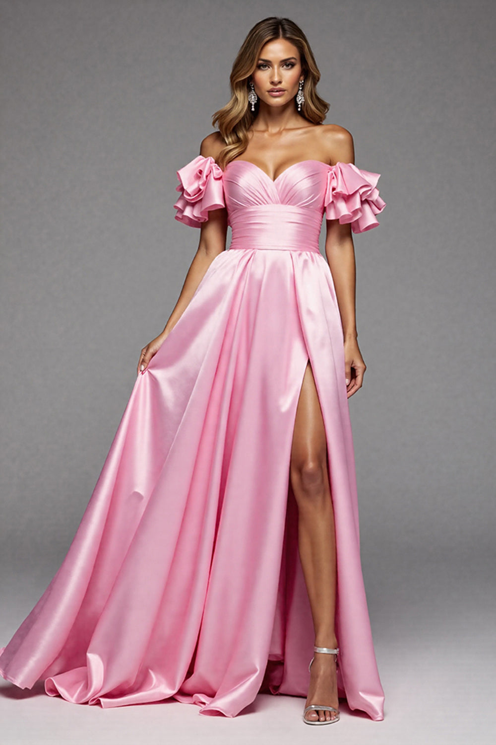 Off The Shoulder Pink A Line Prom Dress With Slit