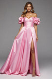 Off The Shoulder Pink A Line Prom Dress With Slit