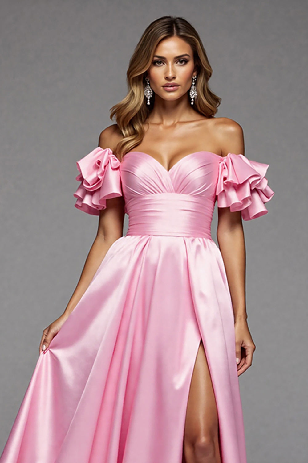 Off The Shoulder Pink A Line Prom Dress With Slit