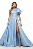 One Shoulder Beaded Blue Prom Dress With Slit
