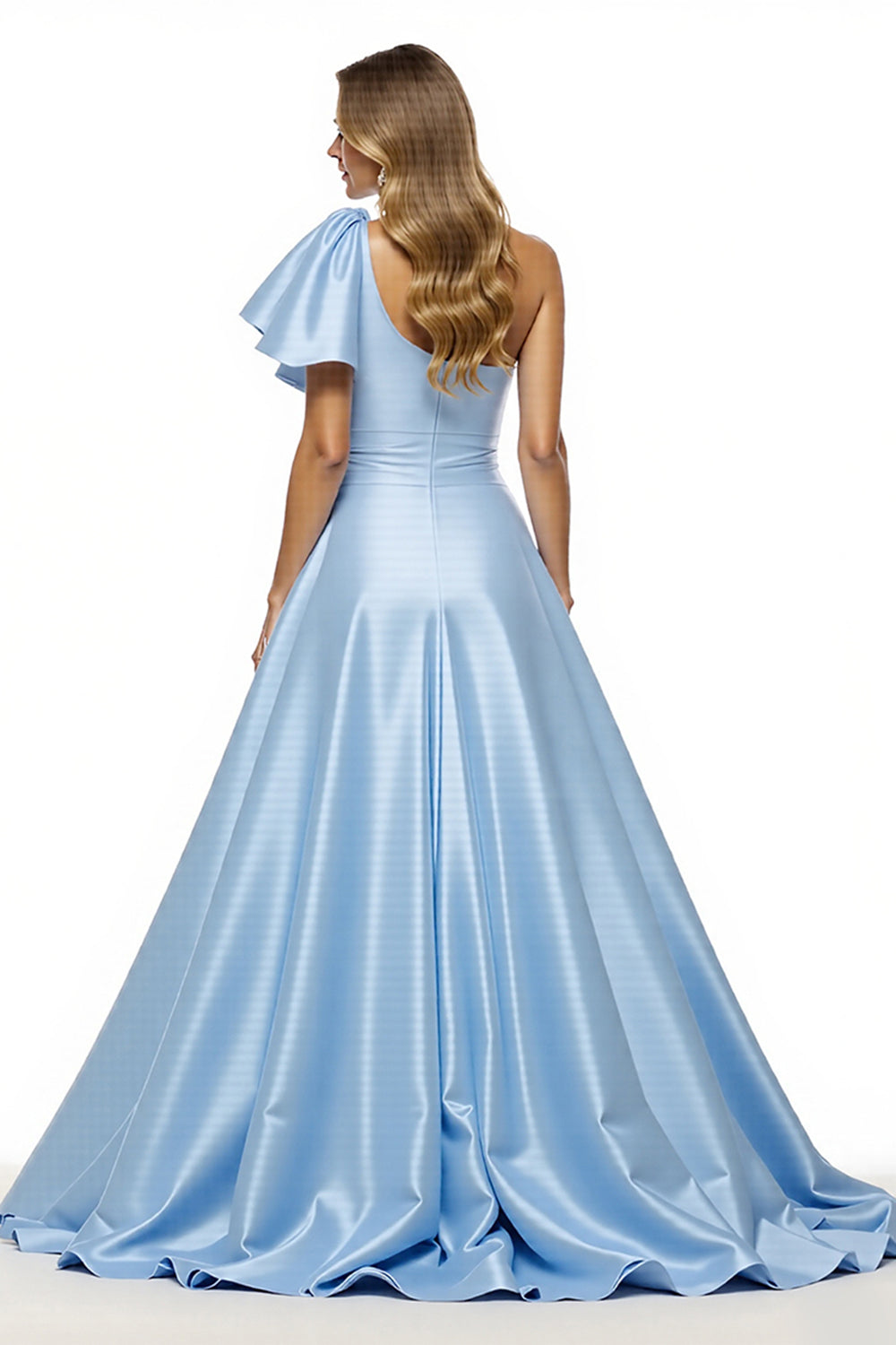 One Shoulder Beaded Blue Prom Dress With Slit