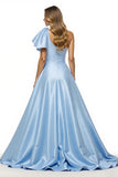 One Shoulder Beaded Blue Prom Dress With Slit