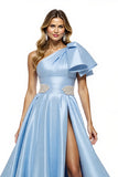 One Shoulder Beaded Blue Prom Dress With Slit