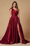 One Shoulder Burgundy A Line Long Prom Dress With Slit