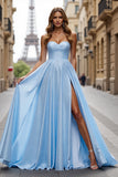 Simple A Line Sweetheart Blue Prom Dress With Slit