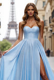 Simple A Line Sweetheart Blue Prom Dress With Slit