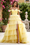 Yellow Off The Shoulder Tiered Long Prom Dress With Slit